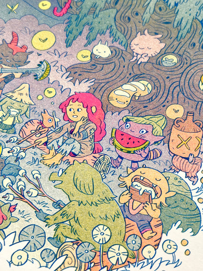 Campfire risograph print, woodland friends illustration, Natalie Andrewson riso art, blue yellow fluorescent pink riso, cozy forest scene artwork, campfire creature art, Patreon riso subscription print, indie printmaker risograph, square riso art, whimsical woodland illustration, collectible riso print, Rogue & Rye artist collection.