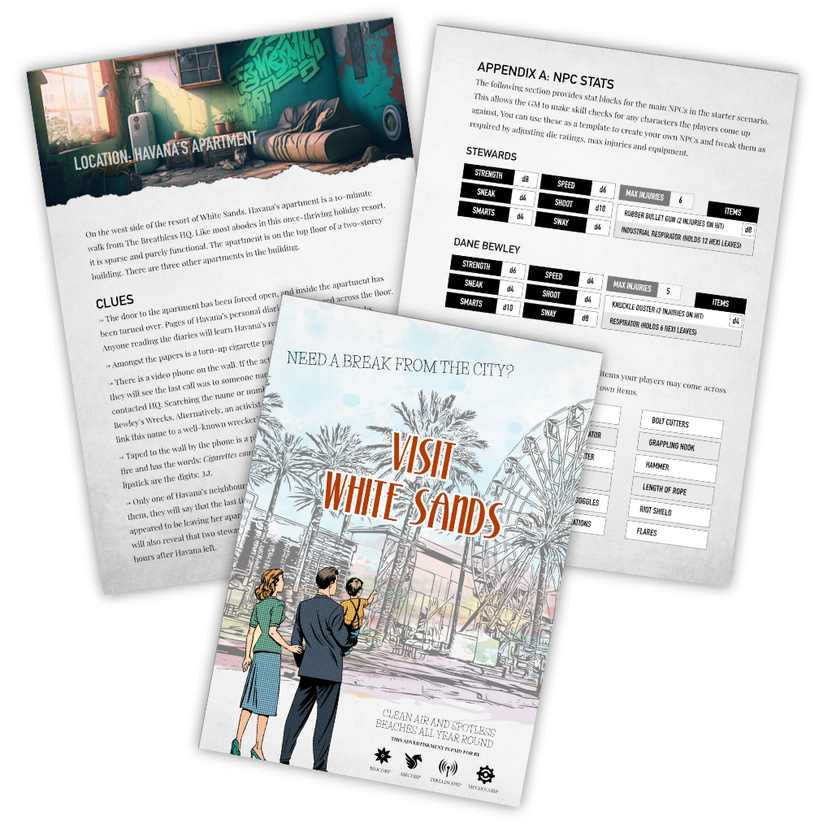 White Sands TTRPG, Critical Kit Ltd RPG, dystopian tabletop roleplaying game, narrative-driven TTRPG, rules-lite TTRPG 2024, eco-punk RPG, Be Like a Crow creator, TTRPG clean air rebellion, activist RPG game, dystopia roleplaying softcover, White Sands RPG book