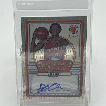 Ace Bailey Topps Chrome McDonalds All American Autographed 51/75 Top 3 Pick  Ace Bailey autograph card, Ace Bailey Topps Chrome 2024, McDonald's All American auto, NBA draft prospect card, 51/75 serial numbered card, Ace Bailey rookie auto, Topps Chrome McDonalds RC, projected NBA top 3 pick, 2024 basketball hobby box hit, basketball auto card