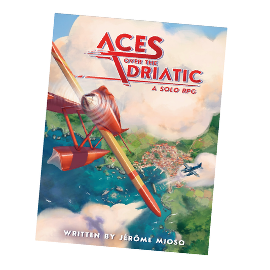 solo TTRPG aviation game, WWI pilot RPG, solo roleplaying game book, Aces Over the Adriatic RPG, narrative solo RPG dice game, historical aviation tabletop RPG, sepia-toned solo RPG, solo journaling RPG with dice, air combat roleplay game, storytelling flight adventure RPG