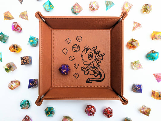 Accessory organizer, vegan leather dice tray, Adoragon tray, DnD rolling tray, RPG accessory tray, NTSD Gaming dice tray, tabletop organizer, snap dice tray, cute dragon gaming tray, vegan leather gaming accessory, North to South Designs