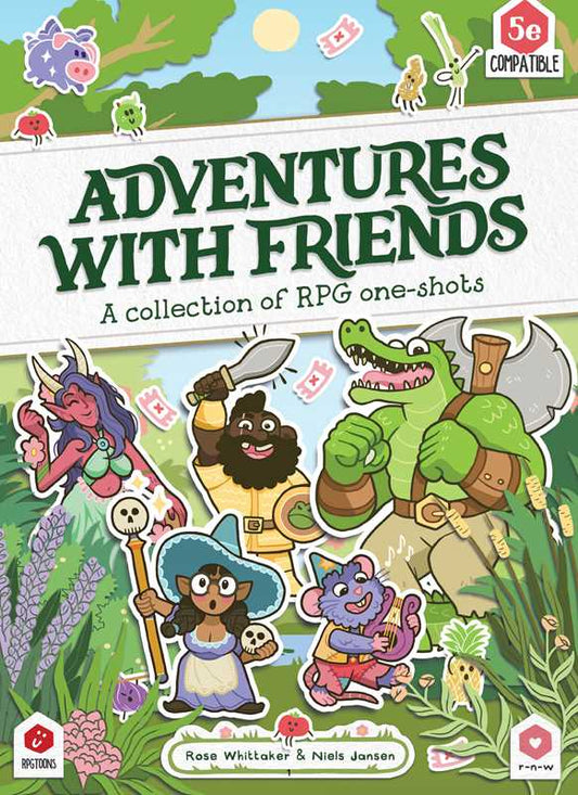one-shot RPGs, Adventures with Friends book, Rose Whittaker RPG, quick setup roleplaying games, RPGs for beginners, single session RPG adventures, Fey Fayre game, Gaterfolk mystery, cozy TTRPGs, indie tabletop roleplaying games