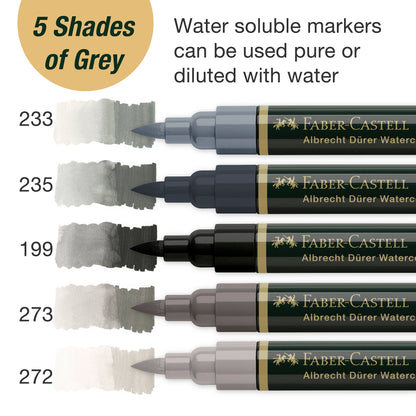 Albrecht Dürer grey tone markers, Faber-Castell watercolor markers, dual tip watercolor pens, grey watercolor brush markers, water-soluble grey markers, artist sketching markers, black and grey art markers, tonal watercolor markers, professional grey markers, illustration tools for artists