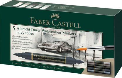 Albrecht Dürer grey tone markers, Faber-Castell watercolor markers, dual tip watercolor pens, grey watercolor brush markers, water-soluble grey markers, artist sketching markers, black and grey art markers, tonal watercolor markers, professional grey markers, illustration tools for artists
