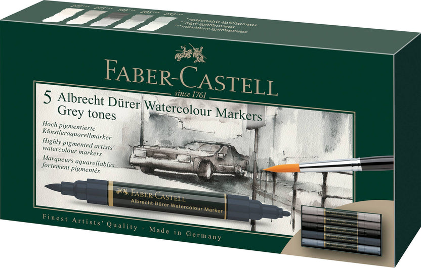 Albrecht Dürer grey tone markers, Faber-Castell watercolor markers, dual tip watercolor pens, grey watercolor brush markers, water-soluble grey markers, artist sketching markers, black and grey art markers, tonal watercolor markers, professional grey markers, illustration tools for artists