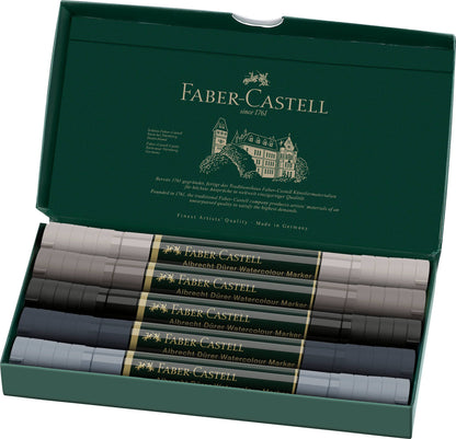Albrecht Dürer grey tone markers, Faber-Castell watercolor markers, dual tip watercolor pens, grey watercolor brush markers, water-soluble grey markers, artist sketching markers, black and grey art markers, tonal watercolor markers, professional grey markers, illustration tools for artists