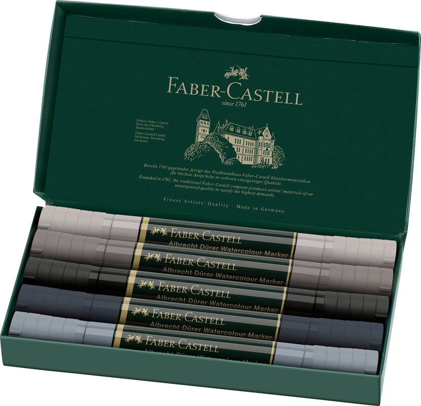 Albrecht Dürer grey tone markers, Faber-Castell watercolor markers, dual tip watercolor pens, grey watercolor brush markers, water-soluble grey markers, artist sketching markers, black and grey art markers, tonal watercolor markers, professional grey markers, illustration tools for artists