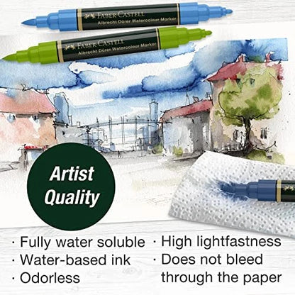 Albrecht Dürer watercolor markers, Faber-Castell watercolor markers, artist watercolor markers set, watercolor marker wallet, urban sketching markers, professional watercolor markers, dual-tip watercolor markers, brush tip watercolor marker set, fine tip watercolor marker set, highly pigmented watercolor markers, travel art supplies, urban sketching tools, pocket sketch kit, plein air painting supplies, creative gift for artists, watercolor illustration tools, water-soluble markers, blendable artist markers