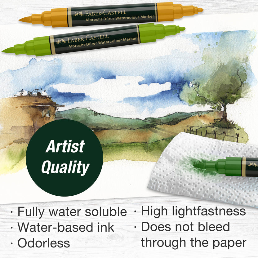 Albrecht Dürer watercolor markers, Faber-Castell artist markers, watercolor brush markers, dual tip watercolor pens, watercolor sketching tools, plein air art supplies, travel watercolor markers, water-soluble markers, watercolor markers for artists, professional art markers