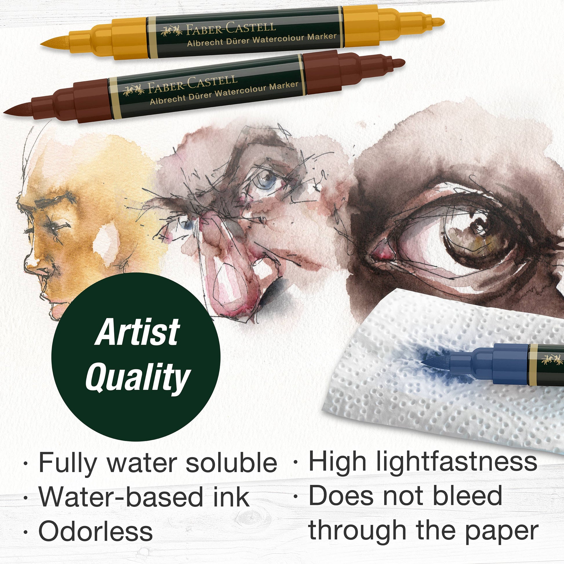 Albrecht Dürer portrait markers, Faber-Castell watercolor markers, dual tip portrait markers, watercolor markers for skin tones, water-soluble art markers, skin tone brush markers, portrait illustration markers, artist markers for portraits, watercolor blending markers, professional art supplies for drawing