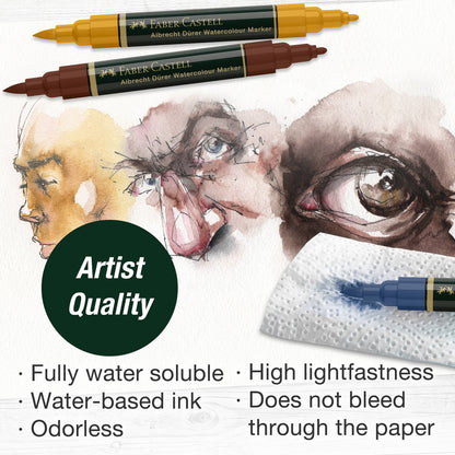 Albrecht Dürer portrait markers, Faber-Castell watercolor markers, dual tip portrait markers, watercolor markers for skin tones, water-soluble art markers, skin tone brush markers, portrait illustration markers, artist markers for portraits, watercolor blending markers, professional art supplies for drawing
