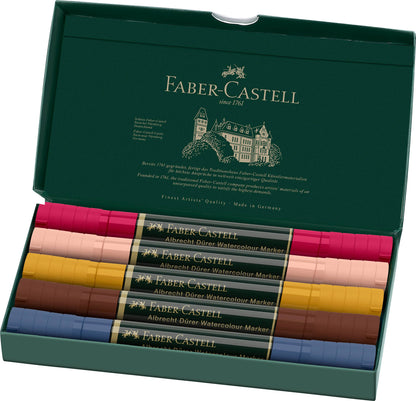 Albrecht Dürer portrait markers, Faber-Castell watercolor markers, dual tip portrait markers, watercolor markers for skin tones, water-soluble art markers, skin tone brush markers, portrait illustration markers, artist markers for portraits, watercolor blending markers, professional art supplies for drawing
