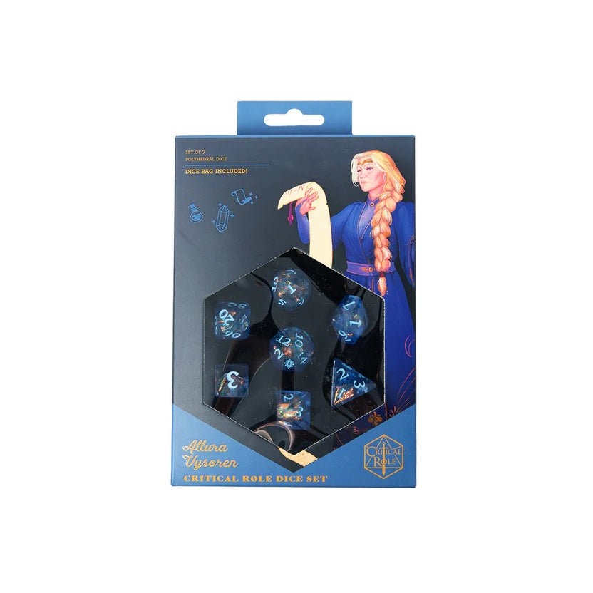 Allura Vysoren dice set, Critical Role dice, Tal'Dorei dice set, arcanist RPG dice, blue iridescent dice set, D&D spellcaster dice, Leia Rondeau dice design, official Critical Role dice set, d20 with Tal'Dorei icon, Allura Vysoren RPG accessories, navy velvet dice bag, Critical Role collector dice, Nikki Dawes box art, magical DnD dice set, dice for mages and wizards