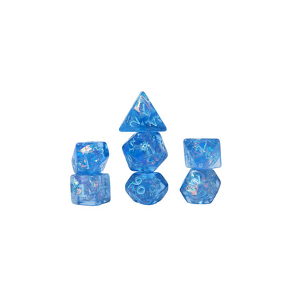 Allura Vysoren dice set, Critical Role dice, Tal'Dorei dice set, arcanist RPG dice, blue iridescent dice set, D&D spellcaster dice, Leia Rondeau dice design, official Critical Role dice set, d20 with Tal'Dorei icon, Allura Vysoren RPG accessories, navy velvet dice bag, Critical Role collector dice, Nikki Dawes box art, magical DnD dice set, dice for mages and wizards