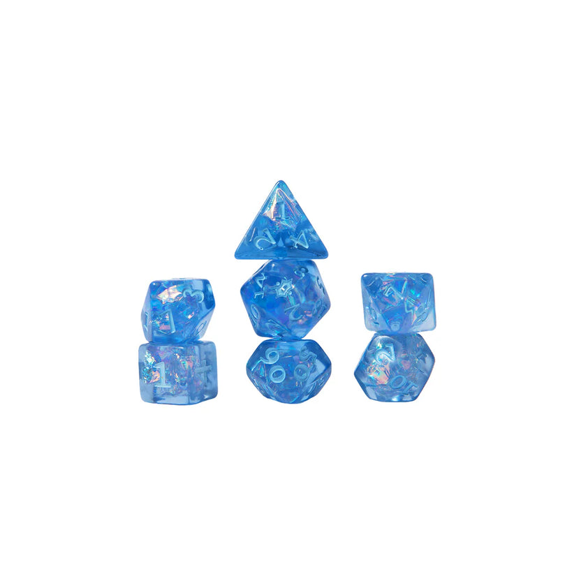 Allura Vysoren dice set, Critical Role dice, Tal'Dorei dice set, arcanist RPG dice, blue iridescent dice set, D&D spellcaster dice, Leia Rondeau dice design, official Critical Role dice set, d20 with Tal'Dorei icon, Allura Vysoren RPG accessories, navy velvet dice bag, Critical Role collector dice, Nikki Dawes box art, magical DnD dice set, dice for mages and wizards