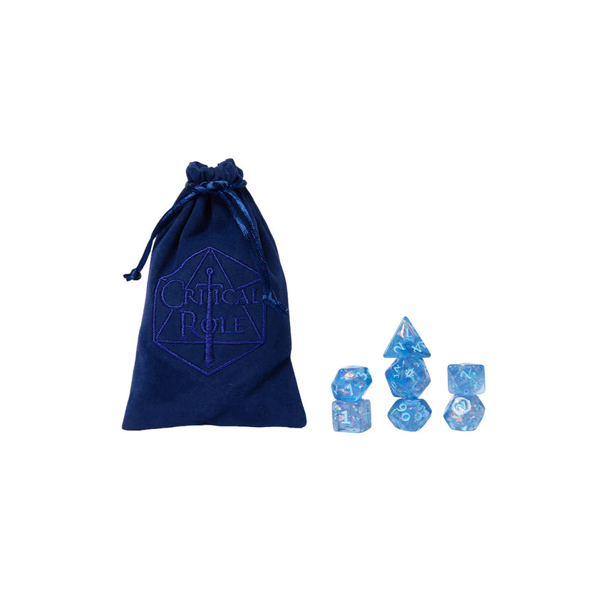 Allura Vysoren dice set, Critical Role dice, Tal'Dorei dice set, arcanist RPG dice, blue iridescent dice set, D&D spellcaster dice, Leia Rondeau dice design, official Critical Role dice set, d20 with Tal'Dorei icon, Allura Vysoren RPG accessories, navy velvet dice bag, Critical Role collector dice, Nikki Dawes box art, magical DnD dice set, dice for mages and wizards