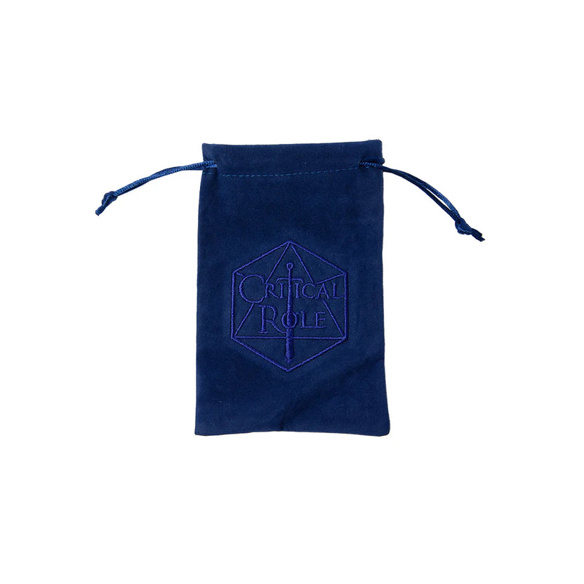 Allura Vysoren dice set, Critical Role dice, Tal'Dorei dice set, arcanist RPG dice, blue iridescent dice set, D&D spellcaster dice, Leia Rondeau dice design, official Critical Role dice set, d20 with Tal'Dorei icon, Allura Vysoren RPG accessories, navy velvet dice bag, Critical Role collector dice, Nikki Dawes box art, magical DnD dice set, dice for mages and wizards