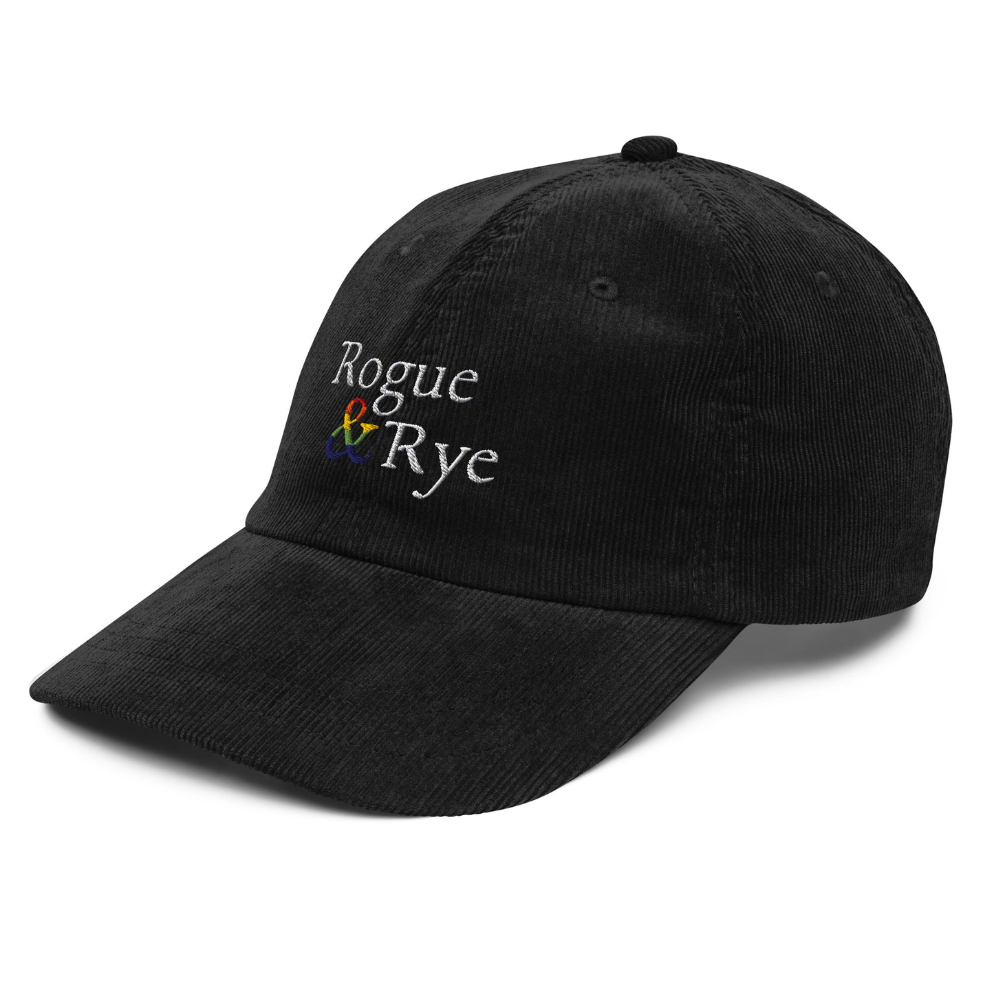 and pride hat, lgbtq corduroy cap, pride embroidered hat, queer and questioning cap, rogue and rye pride, inclusive pride apparel, outright international donation, and hat message, unstructured low profile cap, soft corduroy hat, queer pride gear, gender inclusive pride, thoughtful pride gift, adjustable pride cap, rogue and rye hat, embroidered message hat, live outside the binary, pride fashion statement, soft cotton pride hat