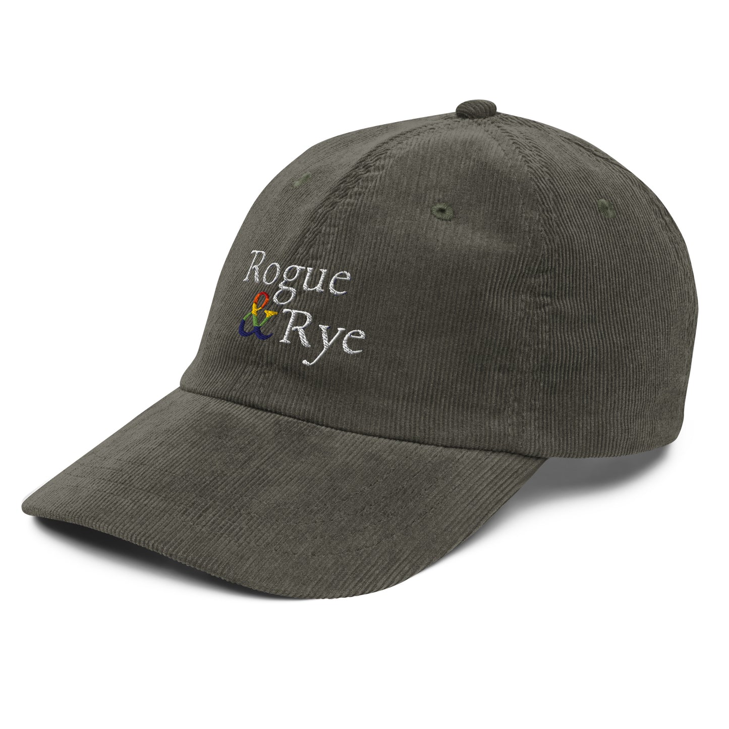 and pride hat, lgbtq corduroy cap, pride embroidered hat, queer and questioning cap, rogue and rye pride, inclusive pride apparel, outright international donation, and hat message, unstructured low profile cap, soft corduroy hat, queer pride gear, gender inclusive pride, thoughtful pride gift, adjustable pride cap, rogue and rye hat, embroidered message hat, live outside the binary, pride fashion statement, soft cotton pride hat