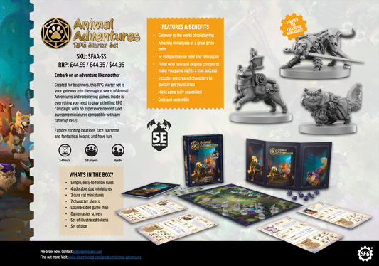 Animal Adventures RPG Starter Set, Animal Adventures roleplaying game, beginner RPG starter set, tabletop RPG starter kit, RPG for beginners, learn to play roleplaying games, easy RPG rules, starter set with miniatures, dog miniatures tabletop RPG, cat miniatures tabletop RPG, 2 to 8 player RPG, cooperative storytelling game, campaign in a box RPG, gamemaster screen included, double sided RPG map, character sheets included, dice included RPG set, family friendly RPG starter, gateway to Dungeons and Dragons,