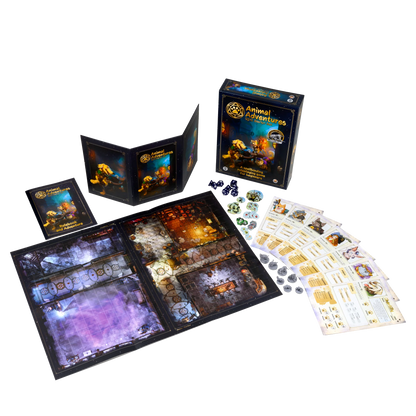 Animal Adventures RPG Starter Set, Animal Adventures roleplaying game, beginner RPG starter set, tabletop RPG starter kit, RPG for beginners, learn to play roleplaying games, easy RPG rules, starter set with miniatures, dog miniatures tabletop RPG, cat miniatures tabletop RPG, 2 to 8 player RPG, cooperative storytelling game, campaign in a box RPG, gamemaster screen included, double sided RPG map, character sheets included, dice included RPG set, family friendly RPG starter, gateway to Dungeons and Dragons,