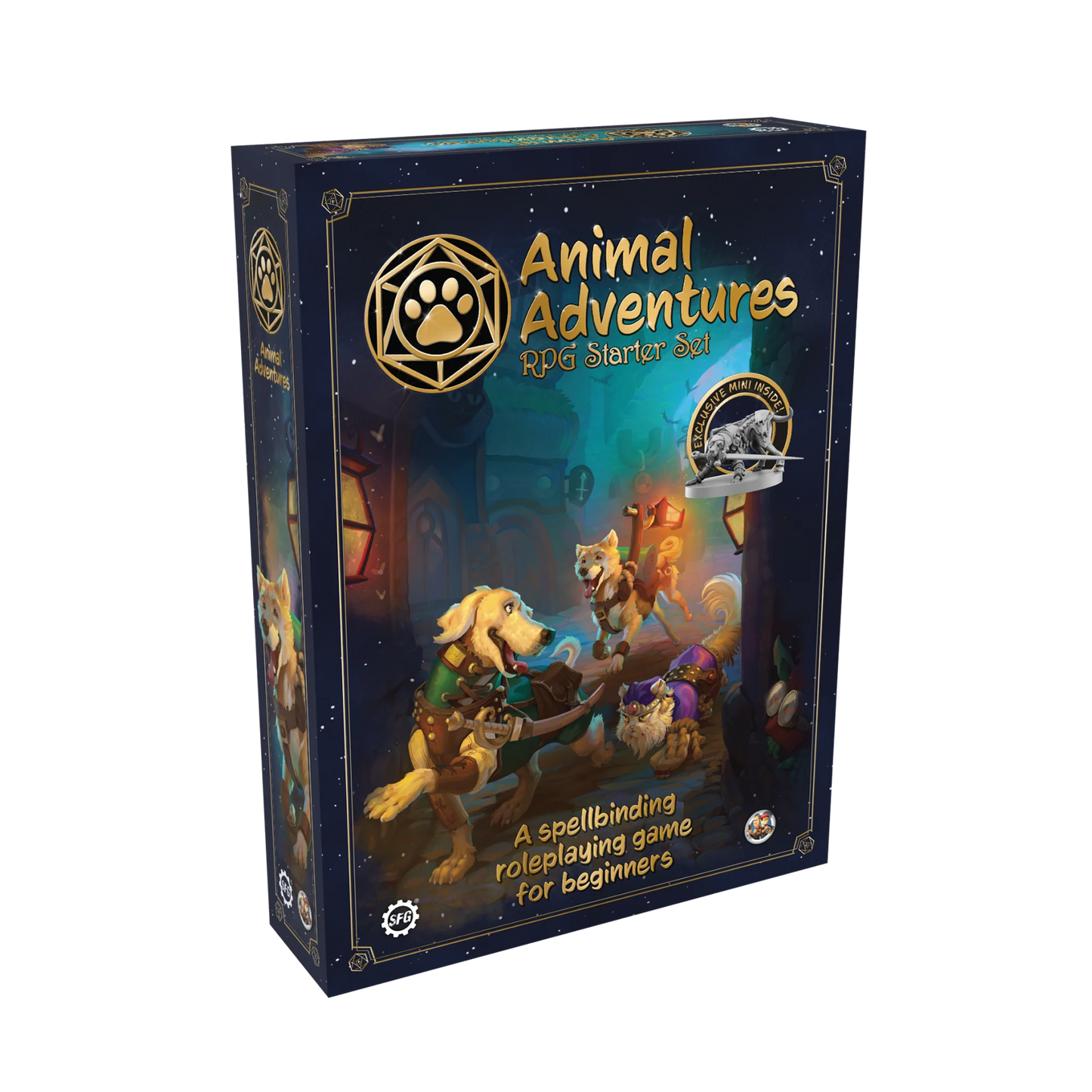 Animal Adventures RPG Starter Set, Animal Adventures roleplaying game, beginner RPG starter set, tabletop RPG starter kit, RPG for beginners, learn to play roleplaying games, easy RPG rules, starter set with miniatures, dog miniatures tabletop RPG, cat miniatures tabletop RPG, 2 to 8 player RPG, cooperative storytelling game, campaign in a box RPG, gamemaster screen included, double sided RPG map, character sheets included, dice included RPG set, family friendly RPG starter, gateway to Dungeons and Dragons,