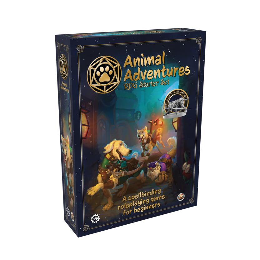Animal Adventures RPG Starter Set, Animal Adventures roleplaying game, beginner RPG starter set, tabletop RPG starter kit, RPG for beginners, learn to play roleplaying games, easy RPG rules, starter set with miniatures, dog miniatures tabletop RPG, cat miniatures tabletop RPG, 2 to 8 player RPG, cooperative storytelling game, campaign in a box RPG, gamemaster screen included, double sided RPG map, character sheets included, dice included RPG set, family friendly RPG starter, gateway to Dungeons and Dragons,