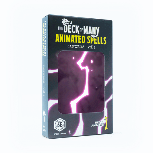 Animated Spells Cantrips, Hit Point Press spell deck, DnD 5e animated cantrip cards, lenticular tarot spell cards, eldritch blast card, mage hand animated card, fire bolt spell reference, beginner spell deck Dungeons and Dragons, cantrip spell animation