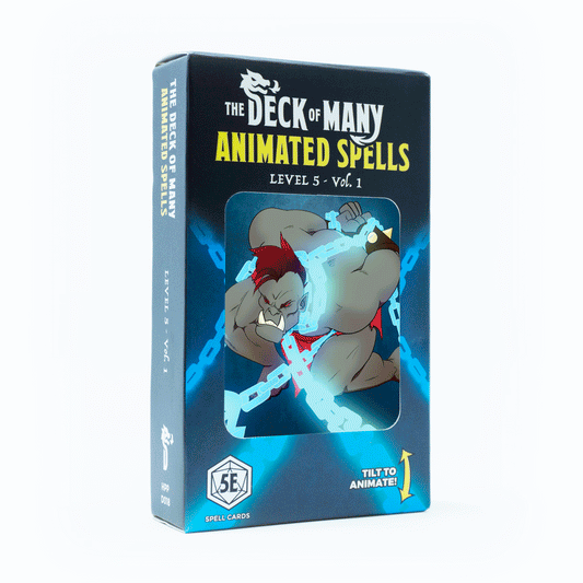 Animated Spells Level 5, Hit Point Press spell cards, 5e animated spell deck, tarot-sized spell cards DnD, DnD level 5 spell reference, lenticular animation spell cards, 5e DM tools, animated magic cards 5e, wall of force spell card, conjure elemental card