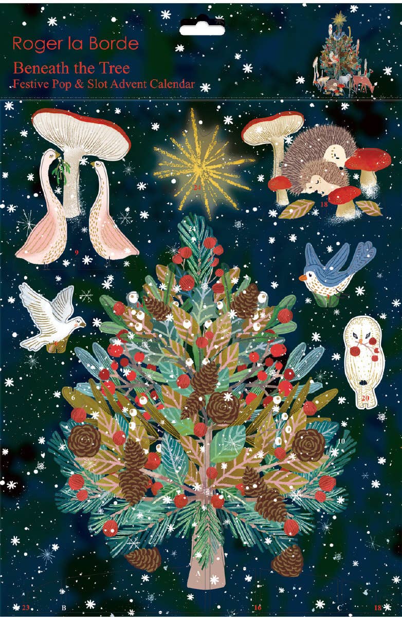 Front of the Antoana Oreski Beneath the Tree Pop & Slot Advent Calendar featuring a decorated Christmas tree surrounded by numbered advent windows with woodland animals, birds, mushrooms, and festive illustrations.