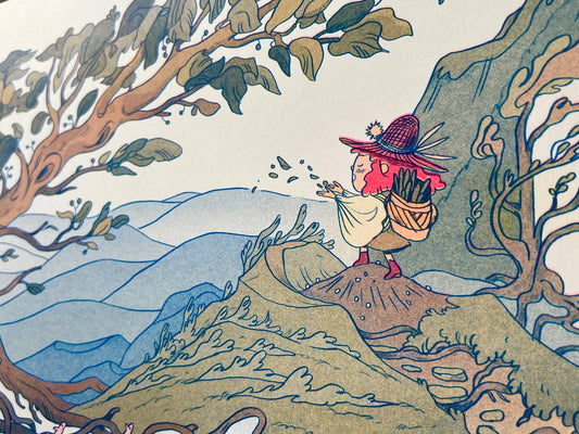 Appalachian mountains risograph print, Natalie Andrewson riso print, Appalachian art print, blue yellow fluorescent pink riso, atmospheric mountain illustration, large riso print 11x17, indie printmaker artwork, Southern mountain artwork, nostalgic landscape print, vibrant risograph mountains, handcrafted risograph art, Rogue & Rye artist collection.