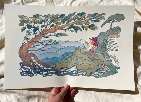 Appalachian mountains risograph print, Natalie Andrewson riso print, Appalachian art print, blue yellow fluorescent pink riso, atmospheric mountain illustration, large riso print 11x17, indie printmaker artwork, Southern mountain artwork, nostalgic landscape print, vibrant risograph mountains, handcrafted risograph art, Rogue & Rye artist collection.