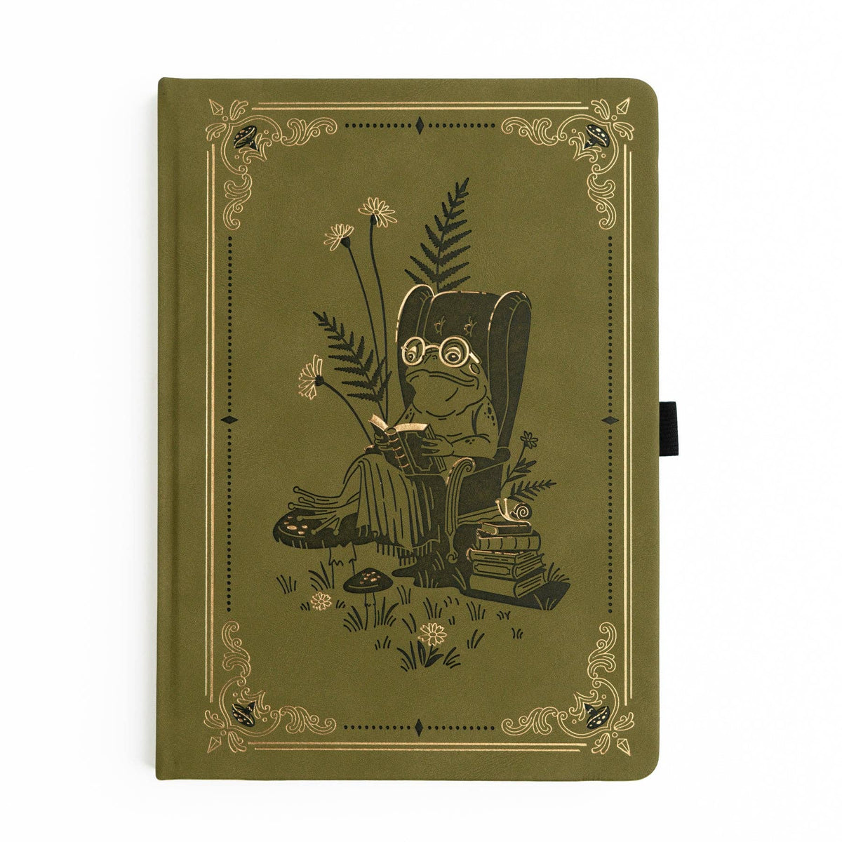 Archer and Olive Literary Frog B5 notebook with reading frog on olive cover