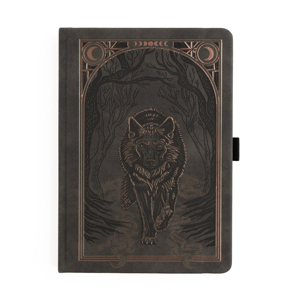 Archer and Olive Wolf in the Night B5 notebook with embossed wolf and copper foil forest design