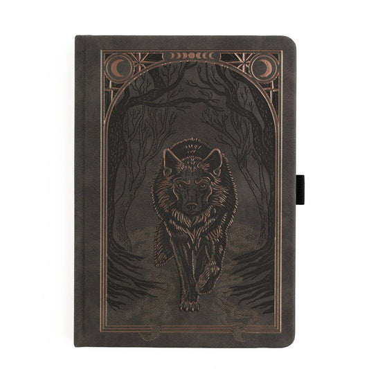 Archer and Olive Wolf in the Night B5 notebook with embossed wolf and copper foil forest design