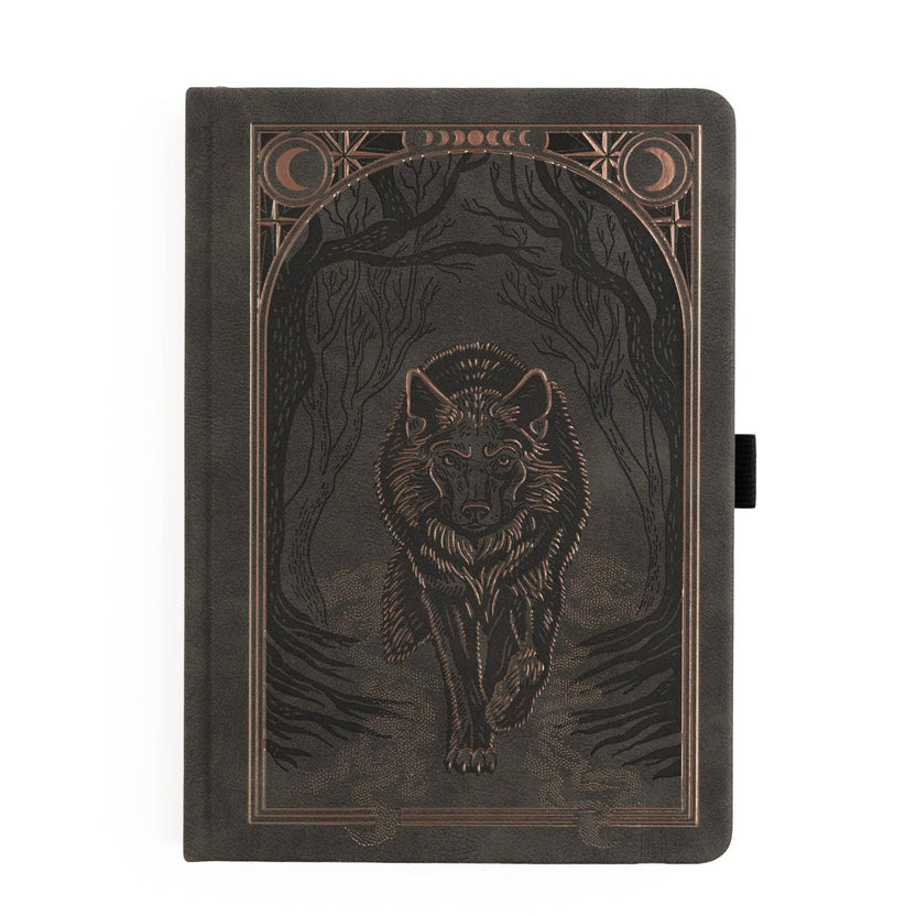 Archer and Olive Wolf in the Night B5 notebook with embossed wolf and copper foil forest design