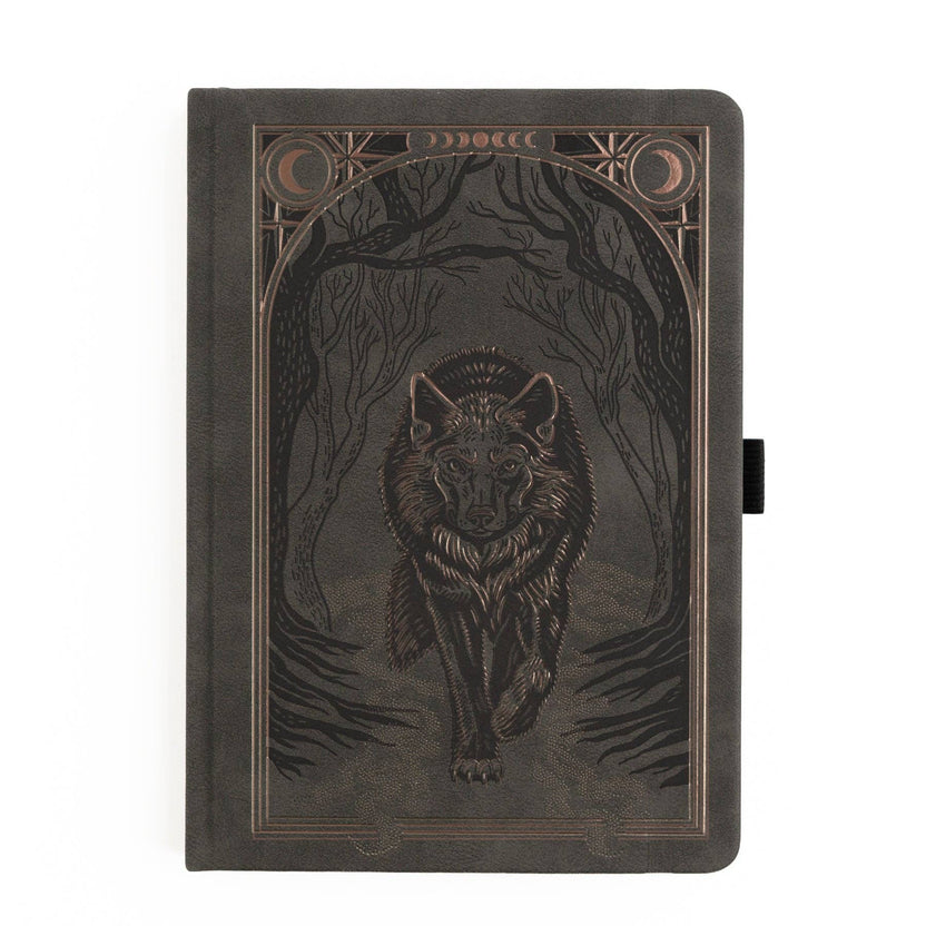 Archer and Olive Wolf in the Night B5 notebook with embossed wolf and copper foil forest design