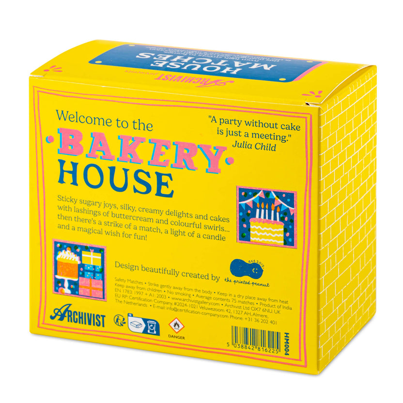 Bakery House matchbox, house-shaped safety matches, The Printed Peanut illustration, bakery shopfront matchbox design, pastry-themed gifts, foodie gift ideas, Archivist House Match collection, whimsical illustrated matchbox, UK-made safety matches, kitchen décor accessories, collectible matchbox art, Rogue & Rye curated gifts, colorful bakery artwork, artisan matchboxes.