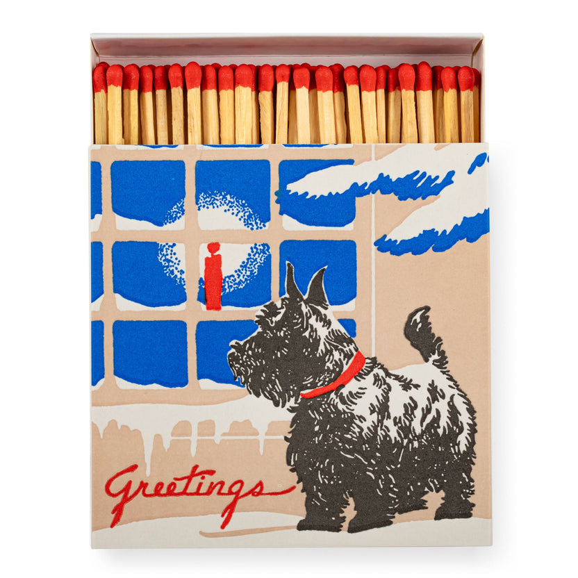 Scotty Dog Christmas matches, holiday matchbox gift, Archivist letterpress matchbox, oversized square matchbox, winter dog illustration, Christmas stocking stuffer under 20, luxury matches UK made, festive home decor accessories, candle-lighting matches, Rogue & Rye holiday gifts, artisan matchboxes, illustrated winter matchbox, collectible matchbox art, hostess gift ideas, cozy holiday home goods.