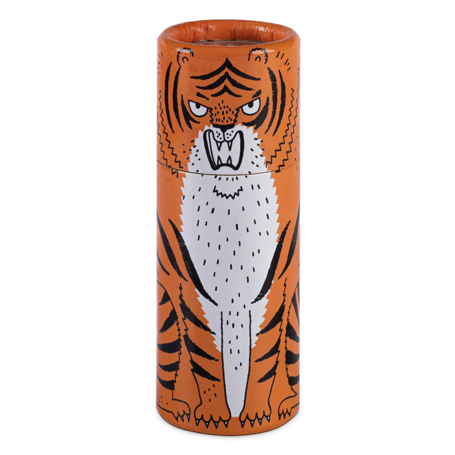 Archivist Tiger cylinder matches, Charlotte Farmer tiger illustration, wild animal match collection, artist-designed match tube, vibrant match cylinder, unique birthday gift idea, collectible match container, UK-made safety matches, whimsical matchbox art, colorful home decor accents, candle-lighting accessories, Rogue & Rye curated gifts, playful animal artwork, small-batch gifting ideas.