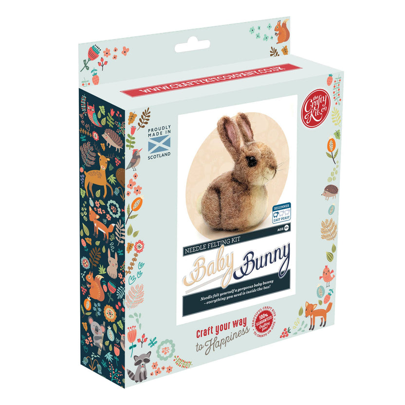 baby bunny needle felting kit, beginner felting project, DIY wool bunny craft, soft sculpture bunny kit, award-winning craft kit, The Crafty Kit Company Scotland, cute animal felting kit, felt rabbit craft set, starter needle felting kit, handmade bunny decor