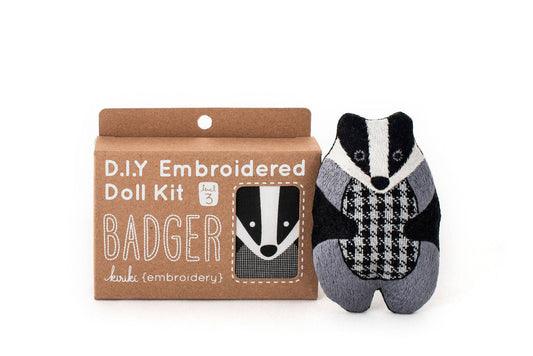 badger embroidery kit, embroidered doll craft kit, Kiriki Press embroidery, Level 3 embroidery pattern, animal embroidery project, hand embroidery for beginners, stitched badger plush, screen printed embroidery fabric, DMC floss kit, mindful stitching craft