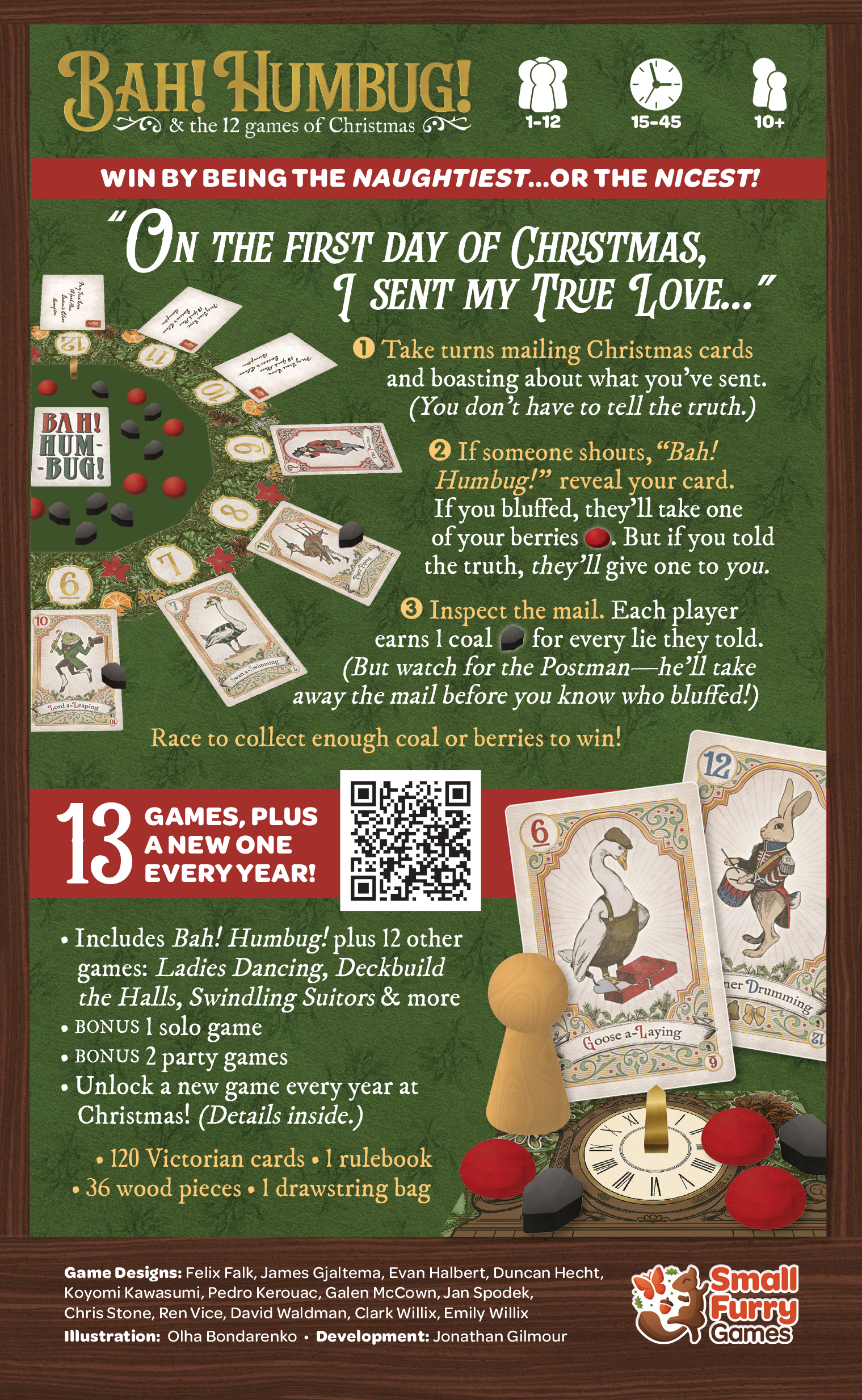 Bah Humbug and the 12 Games of Christmas, Bah Humbug game, holiday party game collection, Christmas party games box, holiday board games set, social deduction holiday game, bluffing holiday game, family holiday games, party game for 12 players, 1 to 12 player game, solo holiday game, 15 to 45 minute party game, giftable holiday game box, Victorian inspired cards game, Christmas game night, Thanksgiving to Christmas games, holiday gathering games, stocking stuffer alternative gift, Christmas gift board game,