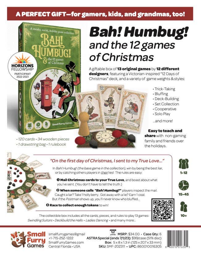 Bah Humbug and the 12 Games of Christmas, Bah Humbug game, holiday party game collection, Christmas party games box, holiday board games set, social deduction holiday game, bluffing holiday game, family holiday games, party game for 12 players, 1 to 12 player game, solo holiday game, 15 to 45 minute party game, giftable holiday game box, Victorian inspired cards game, Christmas game night, Thanksgiving to Christmas games, holiday gathering games, stocking stuffer alternative gift, Christmas gift board game,