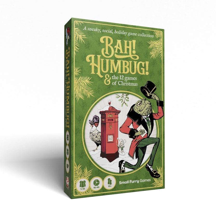 Bah Humbug and the 12 Games of Christmas, Bah Humbug game, holiday party game collection, Christmas party games box, holiday board games set, social deduction holiday game, bluffing holiday game, family holiday games, party game for 12 players, 1 to 12 player game, solo holiday game, 15 to 45 minute party game, giftable holiday game box, Victorian inspired cards game, Christmas game night, Thanksgiving to Christmas games, holiday gathering games, stocking stuffer alternative gift, Christmas gift board game,