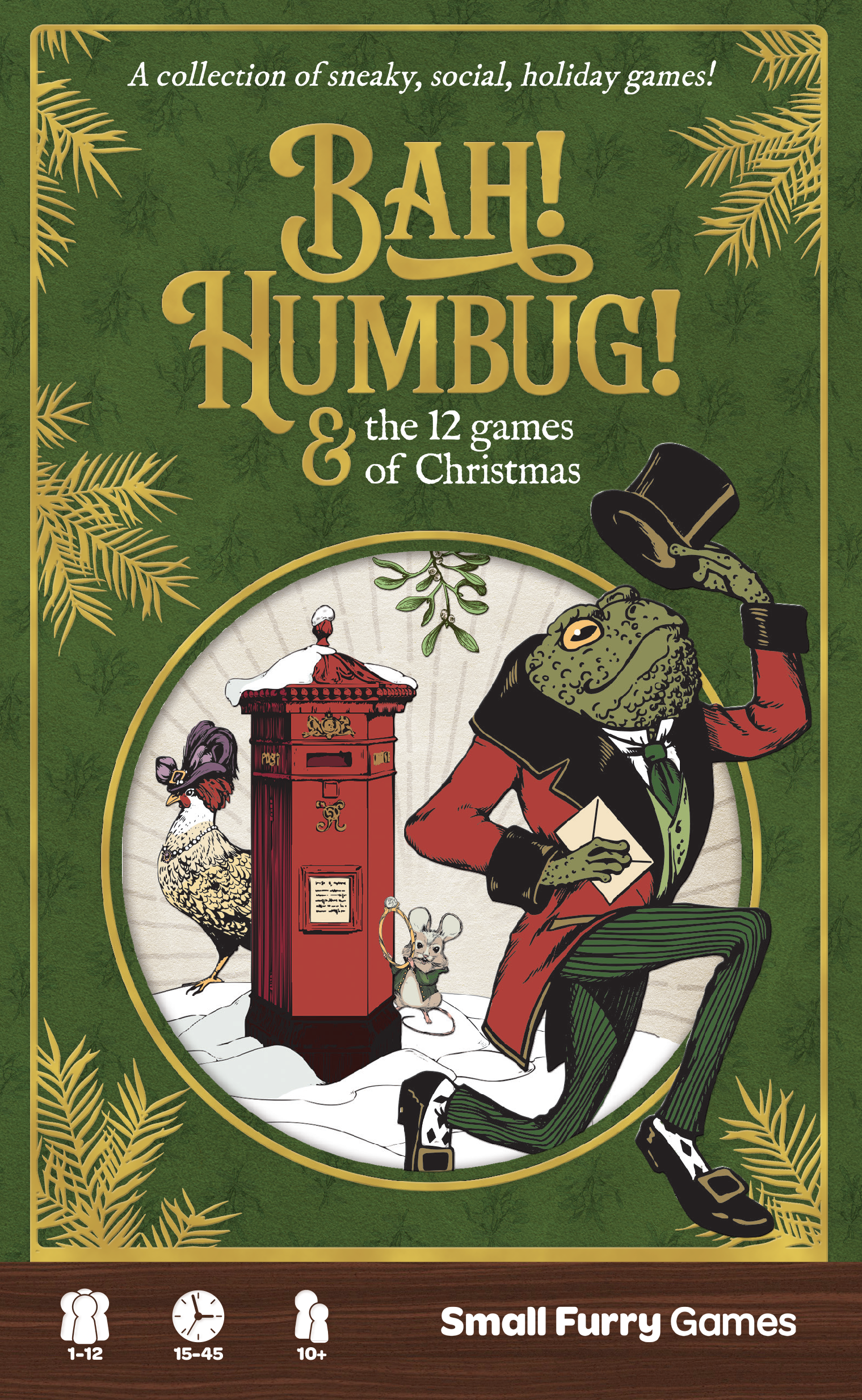Bah Humbug and the 12 Games of Christmas, Bah Humbug game, holiday party game collection, Christmas party games box, holiday board games set, social deduction holiday game, bluffing holiday game, family holiday games, party game for 12 players, 1 to 12 player game, solo holiday game, 15 to 45 minute party game, giftable holiday game box, Victorian inspired cards game, Christmas game night, Thanksgiving to Christmas games, holiday gathering games, stocking stuffer alternative gift, Christmas gift board game,