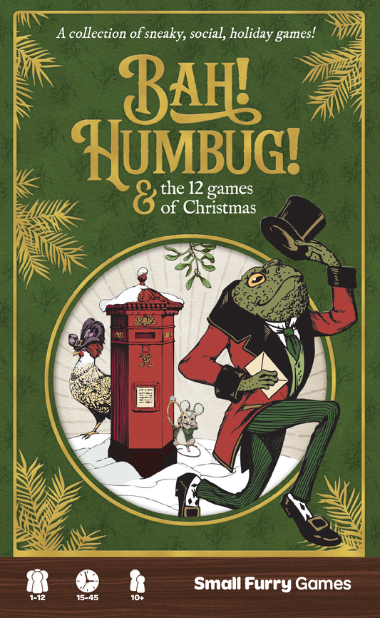 Bah Humbug and the 12 Games of Christmas, Bah Humbug game, holiday party game collection, Christmas party games box, holiday board games set, social deduction holiday game, bluffing holiday game, family holiday games, party game for 12 players, 1 to 12 player game, solo holiday game, 15 to 45 minute party game, giftable holiday game box, Victorian inspired cards game, Christmas game night, Thanksgiving to Christmas games, holiday gathering games, stocking stuffer alternative gift, Christmas gift board game,