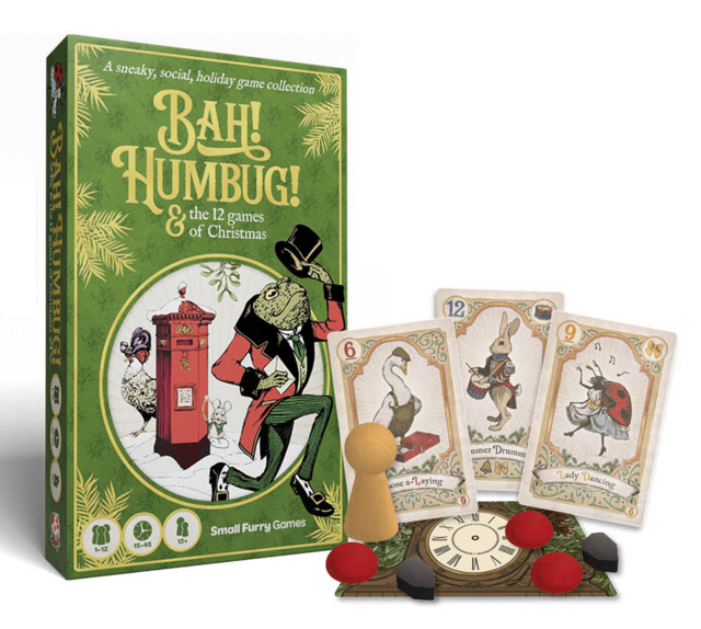 Bah Humbug and the 12 Games of Christmas, Bah Humbug game, holiday party game collection, Christmas party games box, holiday board games set, social deduction holiday game, bluffing holiday game, family holiday games, party game for 12 players, 1 to 12 player game, solo holiday game, 15 to 45 minute party game, giftable holiday game box, Victorian inspired cards game, Christmas game night, Thanksgiving to Christmas games, holiday gathering games, stocking stuffer alternative gift, Christmas gift board game,