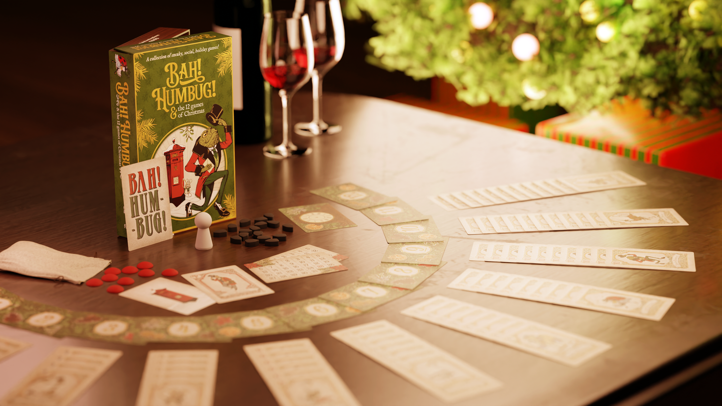 Bah Humbug and the 12 Games of Christmas, Bah Humbug game, holiday party game collection, Christmas party games box, holiday board games set, social deduction holiday game, bluffing holiday game, family holiday games, party game for 12 players, 1 to 12 player game, solo holiday game, 15 to 45 minute party game, giftable holiday game box, Victorian inspired cards game, Christmas game night, Thanksgiving to Christmas games, holiday gathering games, stocking stuffer alternative gift, Christmas gift board game,