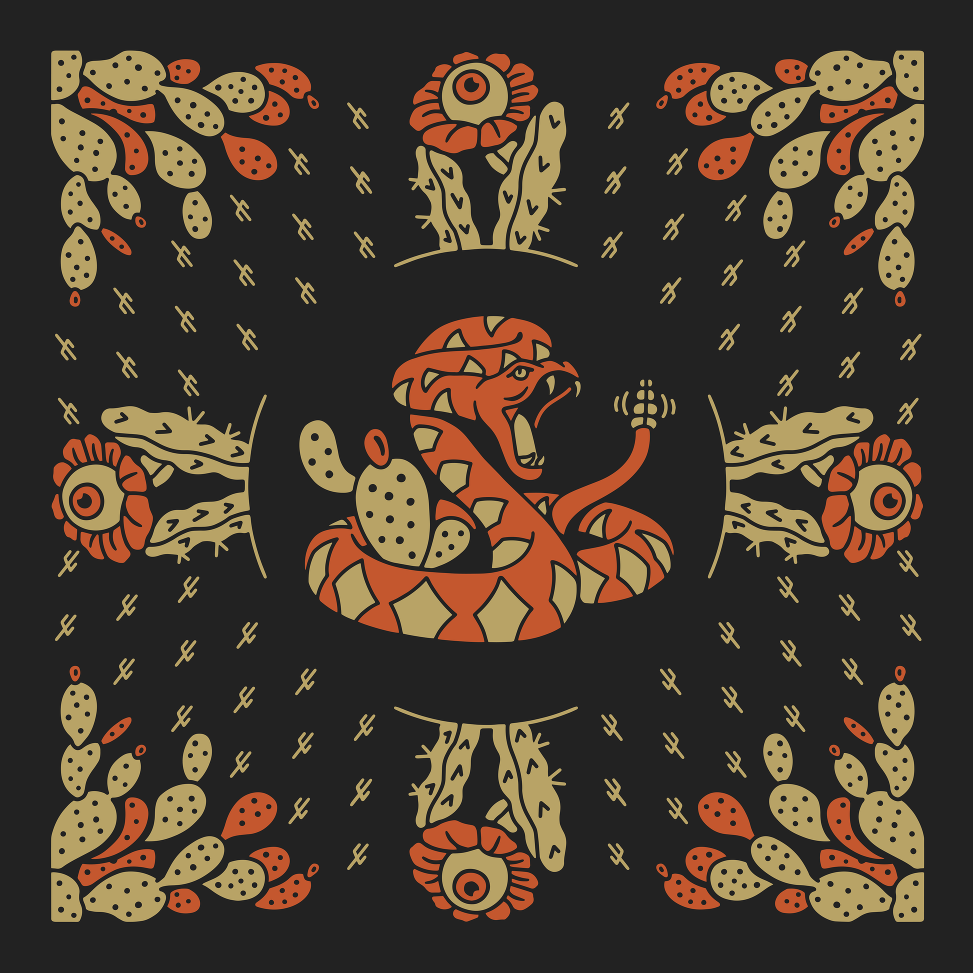 Artwork detail from the Bandits Cactus Dream bandana by Brothers Design Co. featuring a coiled rattlesnake surrounded by prickly pear cactus, cactus flowers, and Southwestern-inspired motifs.